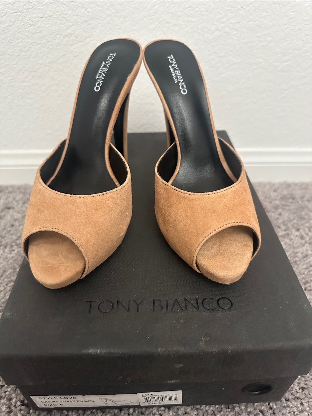 Tony Bianco Camel Tan Suede Open-Toe Mule Heels